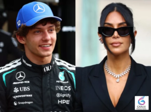 Kim Kardashian seen in the Monaco Grand Prix paddock picking up a towel near Kimi Antonelli’s designated area, sparking online reactions and a lighthearted response from Mercedes drivers.