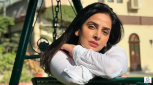 Elegant portrait of Pakistani actress Saba Qamar wearing a fashionable outfit, highlighting her graceful personality and successful television and film career.
