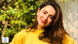 Yumna Zaidi posing confidently during a promotional event for a Pakistani television drama.