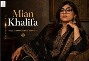 Mia Khalifa smiling during a public appearance in a casual outfit with a confident expression.