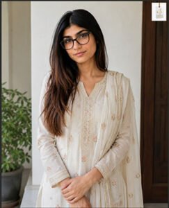 Mia Khalifa posing for a portrait in a stylish outfit during a media appearance.