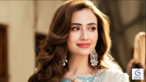 Pakistani television actress Sana Javed posing for a professional portrait in a stylish outfit