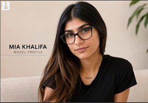 Mia Khalifa looking toward the camera during a professional photoshoot in elegant attire.