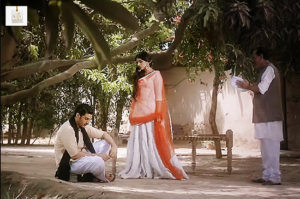 Sajal Aly and Ahad Raza Mir portraying their characters in Aangan